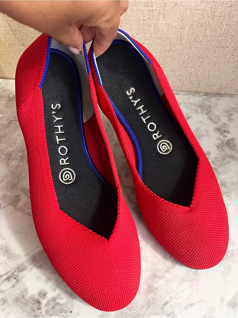 Rothy's Red Knit Ballet Flats with Blue Trim